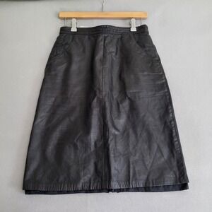 VTG Leather Loft Black Leather Knee Length Pencil Skirt Lined Women's Size 9/10